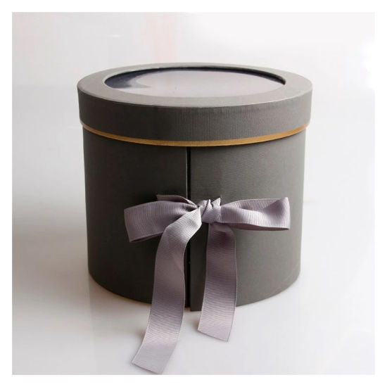 Boîte ronde en papier kraft brun gris avec ruban noir